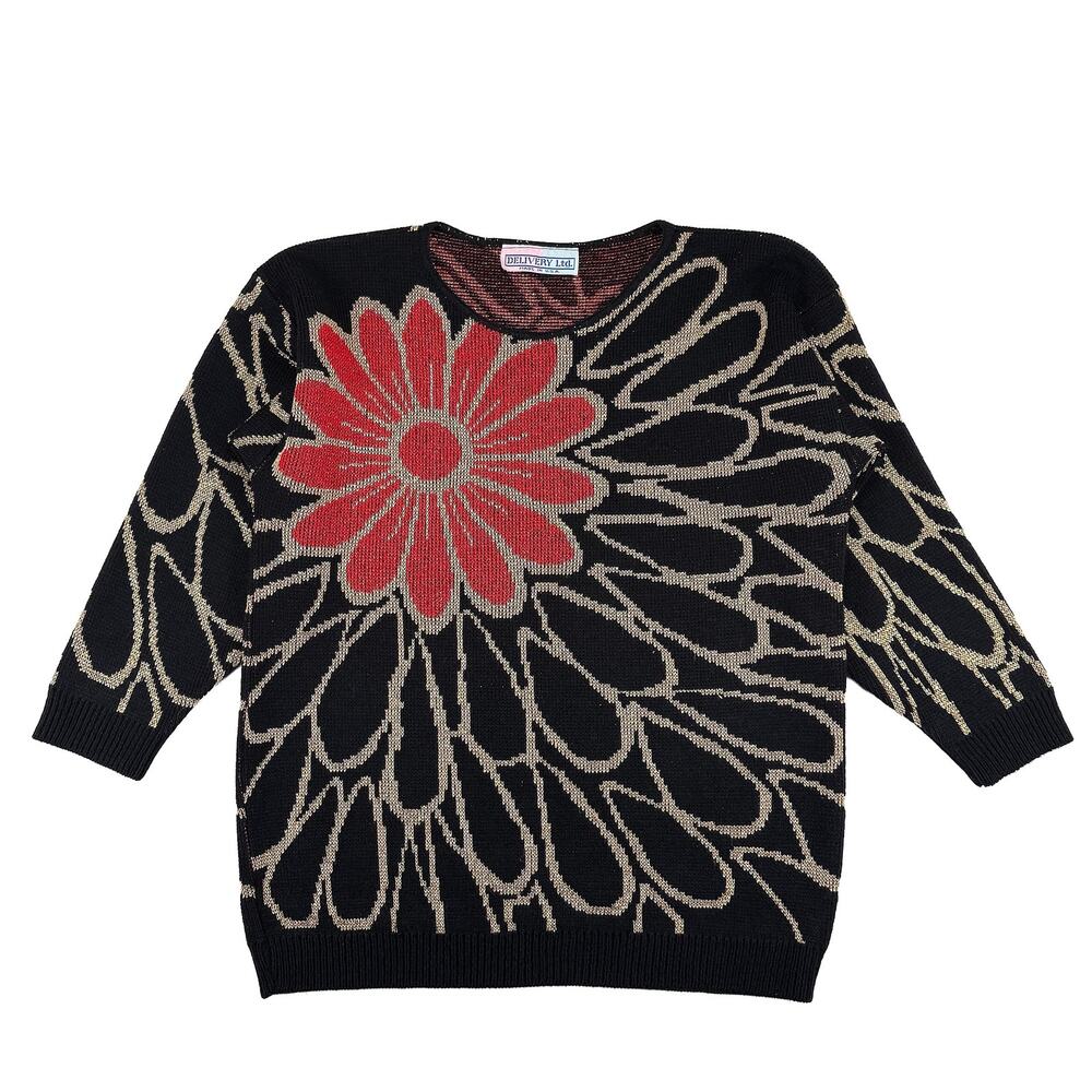 Delivery Ltd VTG 80s Women L Black Red Gold Floral Sweater Artwear Lurex